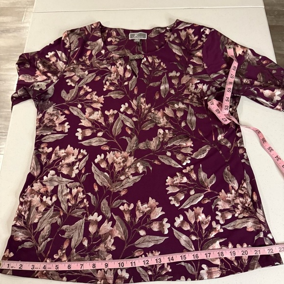 JM Collection Purple Blouse Floral Metallic Trim Sheer Sleeve Women’s Sz Large - Picture 8 of 13